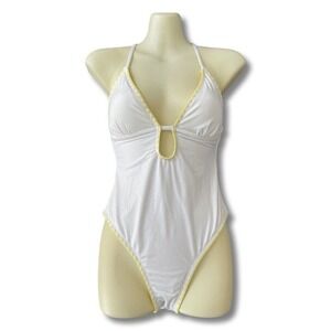Lucky Brand Shell‎ Stitch White One Piece plung Neck Swimsuit size small